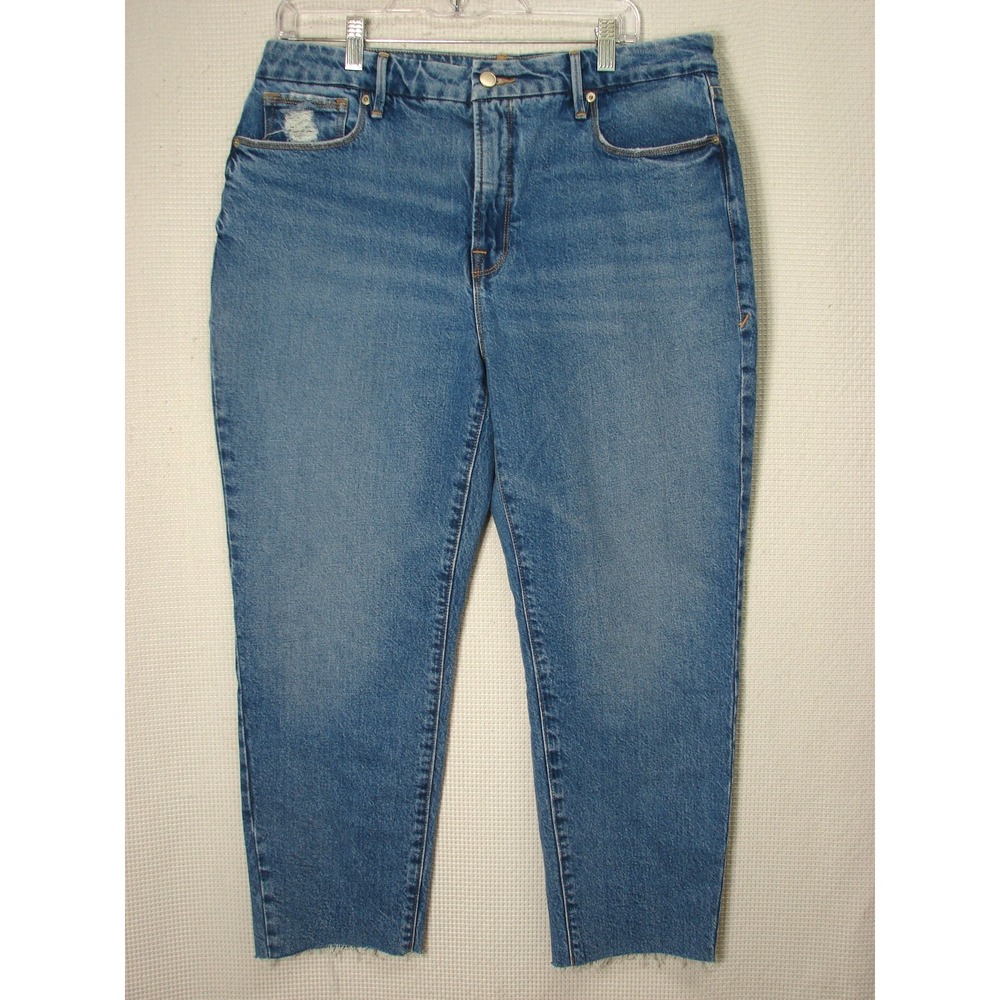 Good American Jeans Size 12/31 Straight Leg Raw Hem High Rise Baggy Crop